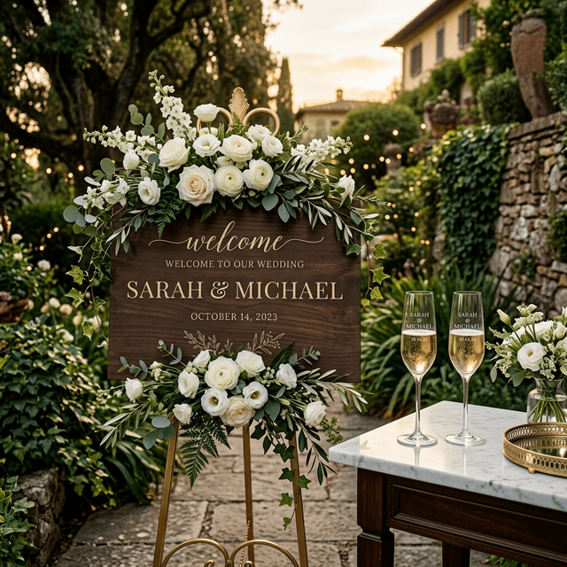 Custom laser engraved acrylic wedding welcome sign and champagne glasses