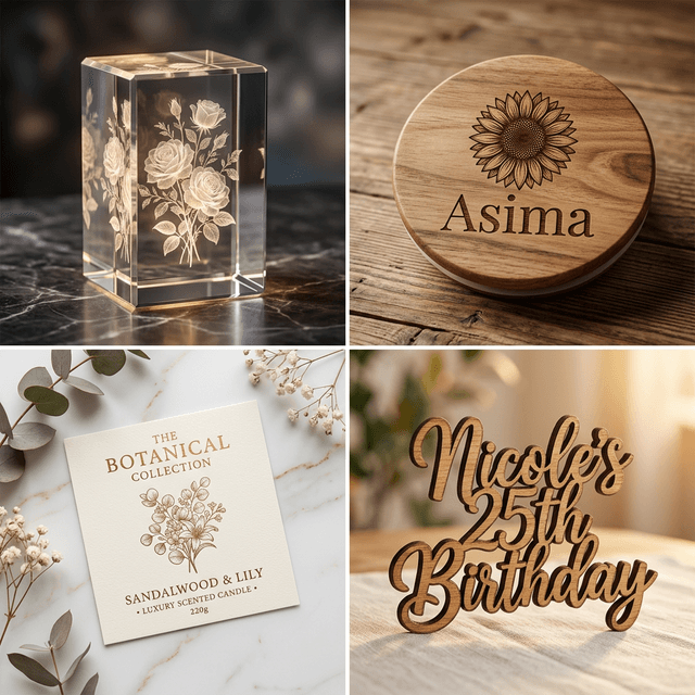 Laser engraving services collage showing crystal, candle lid, custom labels, and birthday sign
