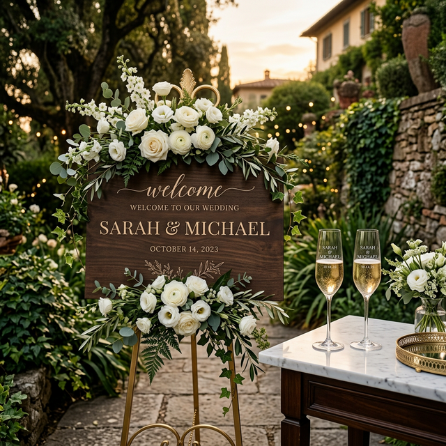 Custom laser engraved wood wedding welcome sign and champagne glasses